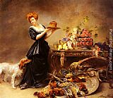 Madeleine Jeanne Lemaire Canvas Paintings - Allegorie De L'Automne La Duchesse De Gramont Presente Un Etalage De Fruits Et De Giber